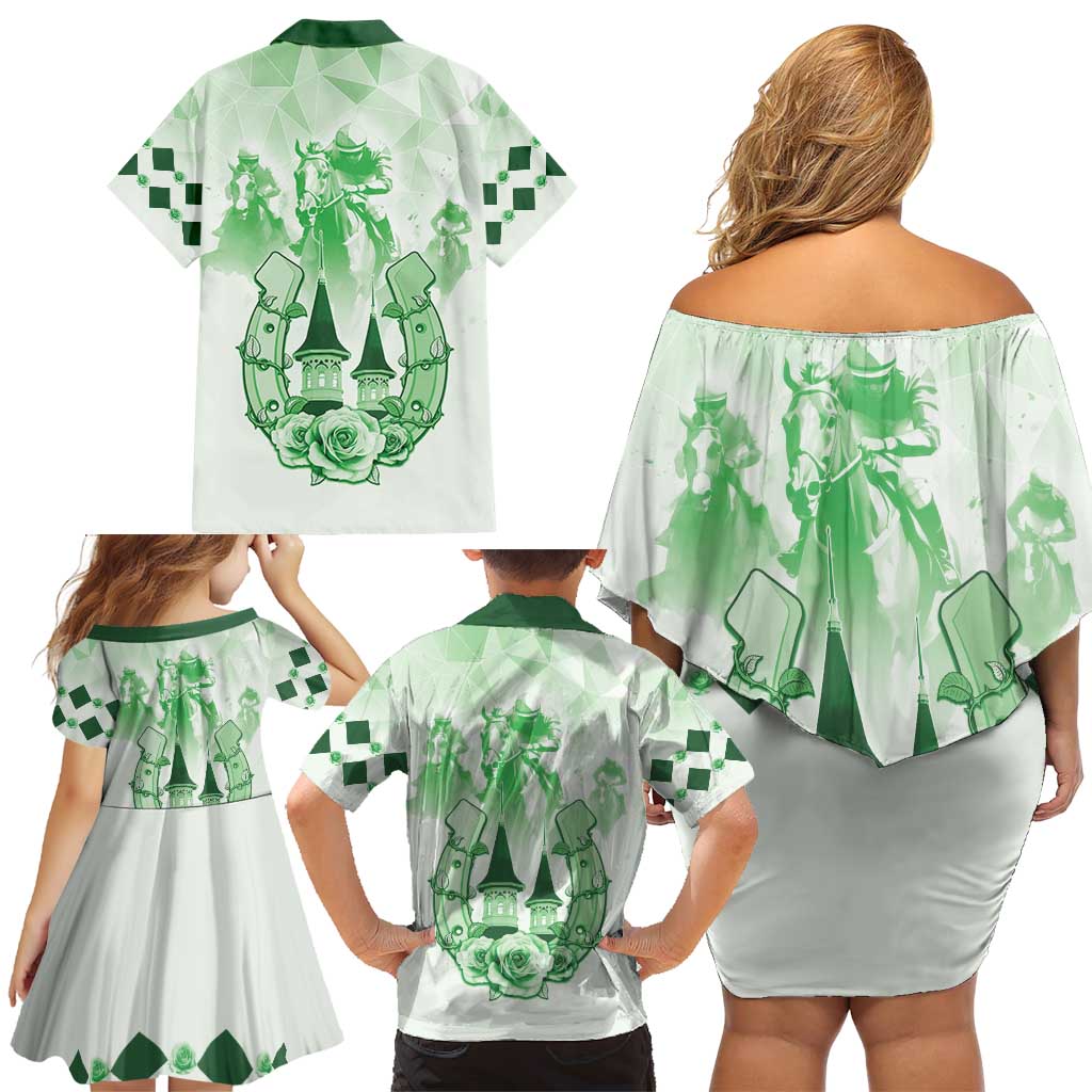 Kentucky Horse Racing Family Matching Off Shoulder Short Dress and Hawaiian Shirt 151st Anniversary Green Version LT05