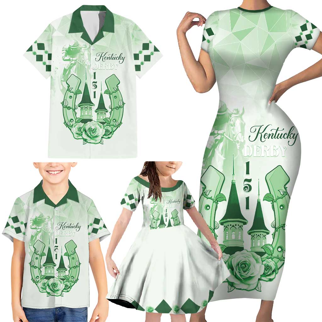 Kentucky Horse Racing Family Matching Short Sleeve Bodycon Dress and Hawaiian Shirt 151st Anniversary Green Version LT05