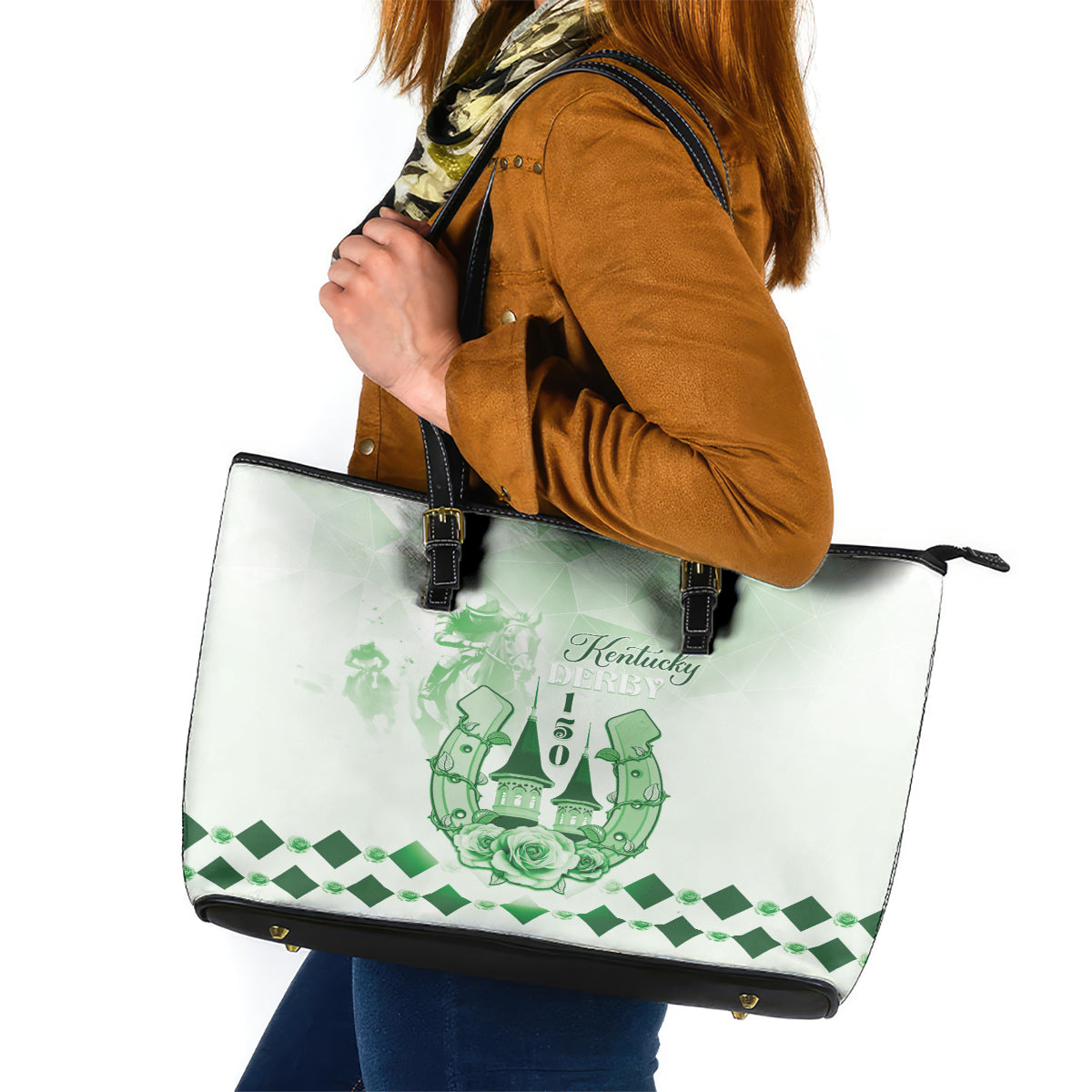 Kentucky Horse Racing Leather Tote Bag 150th Anniversary Green Version