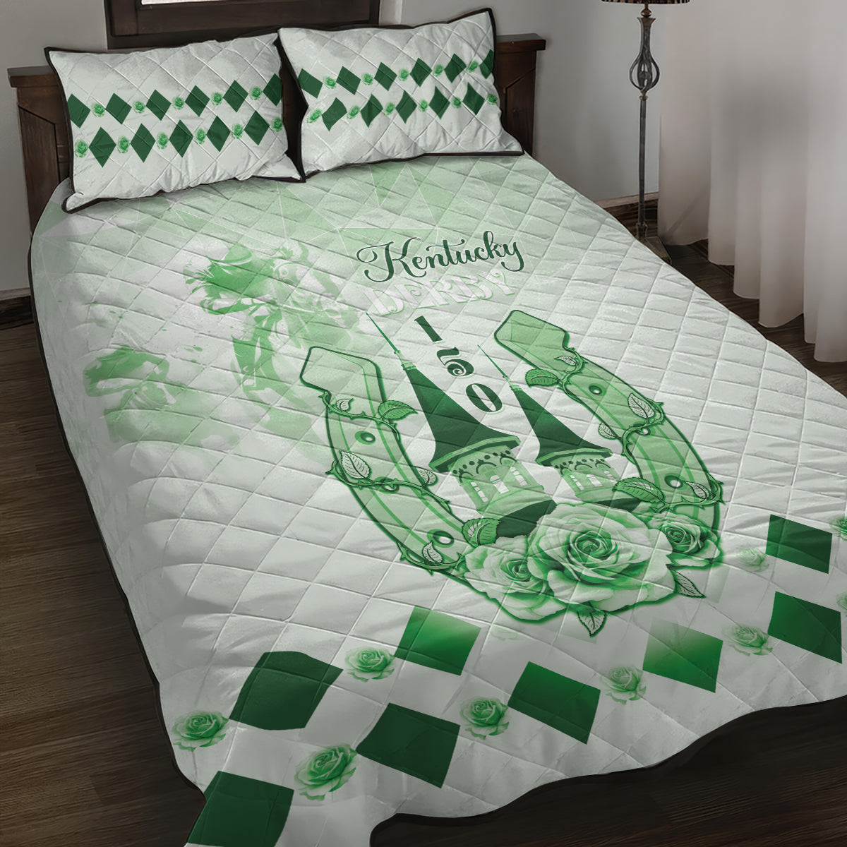 Kentucky Horse Racing Quilt Bed Set 150th Anniversary Green Version
