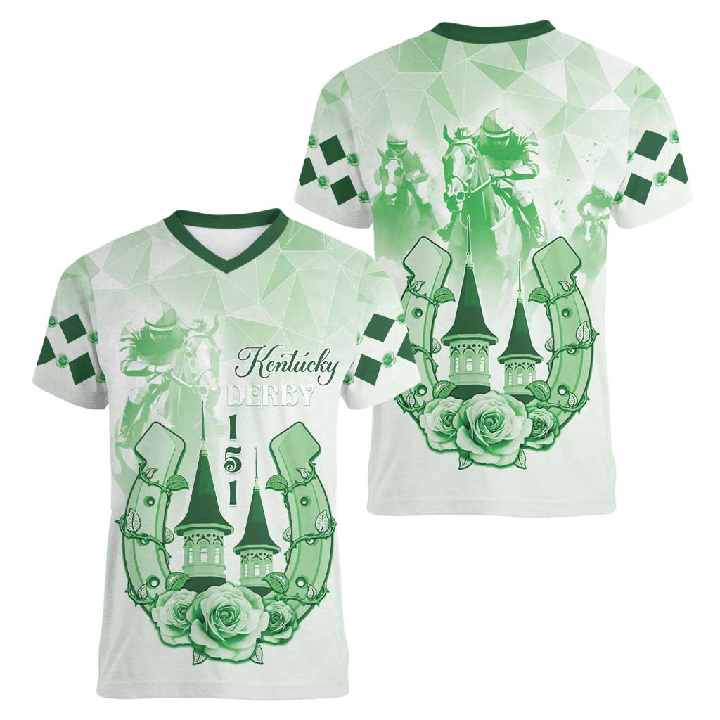 Kentucky Horse Racing Women V-Neck T-Shirt 151st Anniversary Green Version LT05