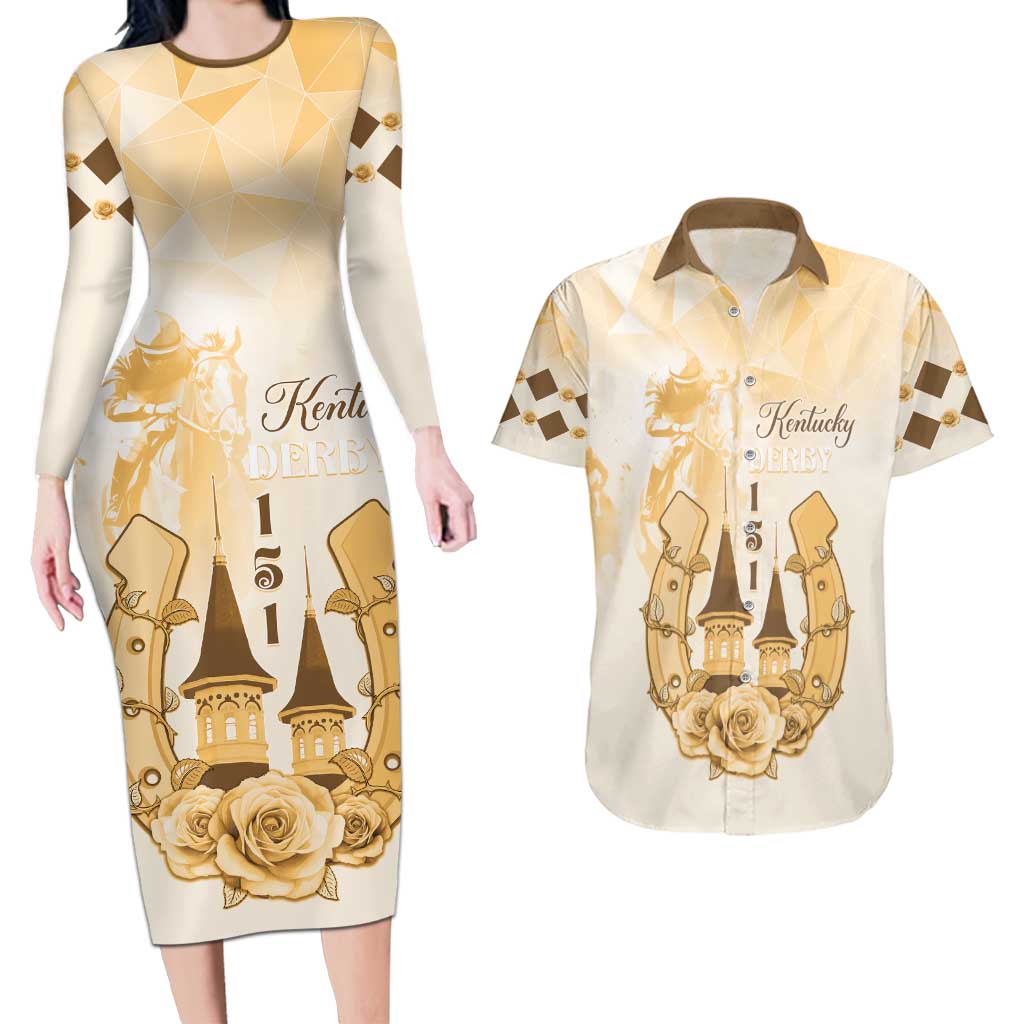Kentucky Horse Racing Couples Matching Long Sleeve Bodycon Dress and Hawaiian Shirt 151st Anniversary Beige Version LT05