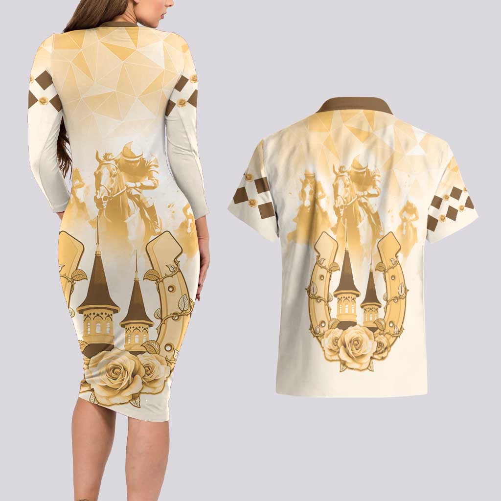 Kentucky Horse Racing Couples Matching Long Sleeve Bodycon Dress and Hawaiian Shirt 151st Anniversary Beige Version LT05