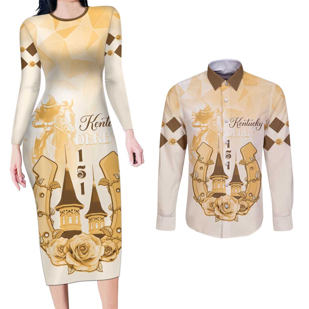 Kentucky Horse Racing Couples Matching Long Sleeve Bodycon Dress and Long Sleeve Button Shirt 151st Anniversary Beige Version LT05