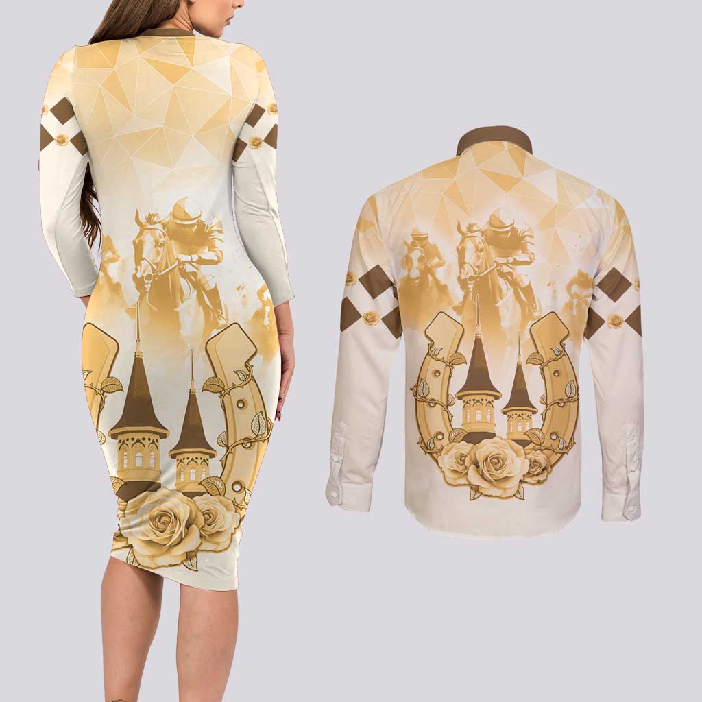 Kentucky Horse Racing Couples Matching Long Sleeve Bodycon Dress and Long Sleeve Button Shirt 151st Anniversary Beige Version LT05