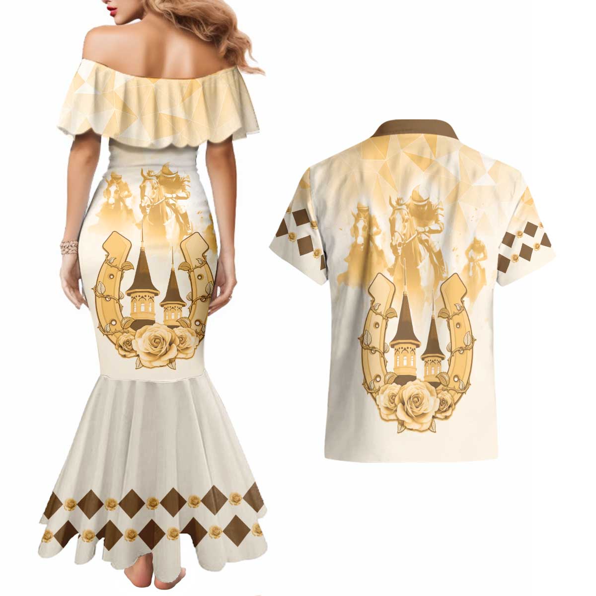 Kentucky Horse Racing Couples Matching Mermaid Dress and Hawaiian Shirt 151st Anniversary Beige Version LT05