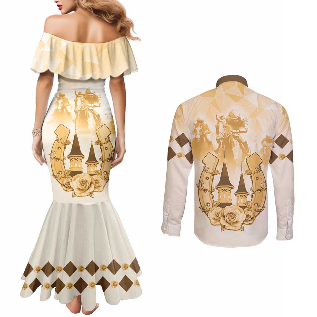 Kentucky Horse Racing Couples Matching Mermaid Dress and Long Sleeve Button Shirt 151st Anniversary Beige Version LT05