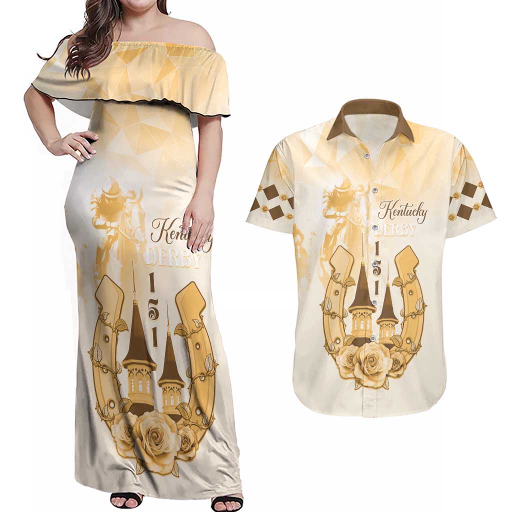 Kentucky Horse Racing Couples Matching Off Shoulder Maxi Dress and Hawaiian Shirt 151st Anniversary Beige Version LT05