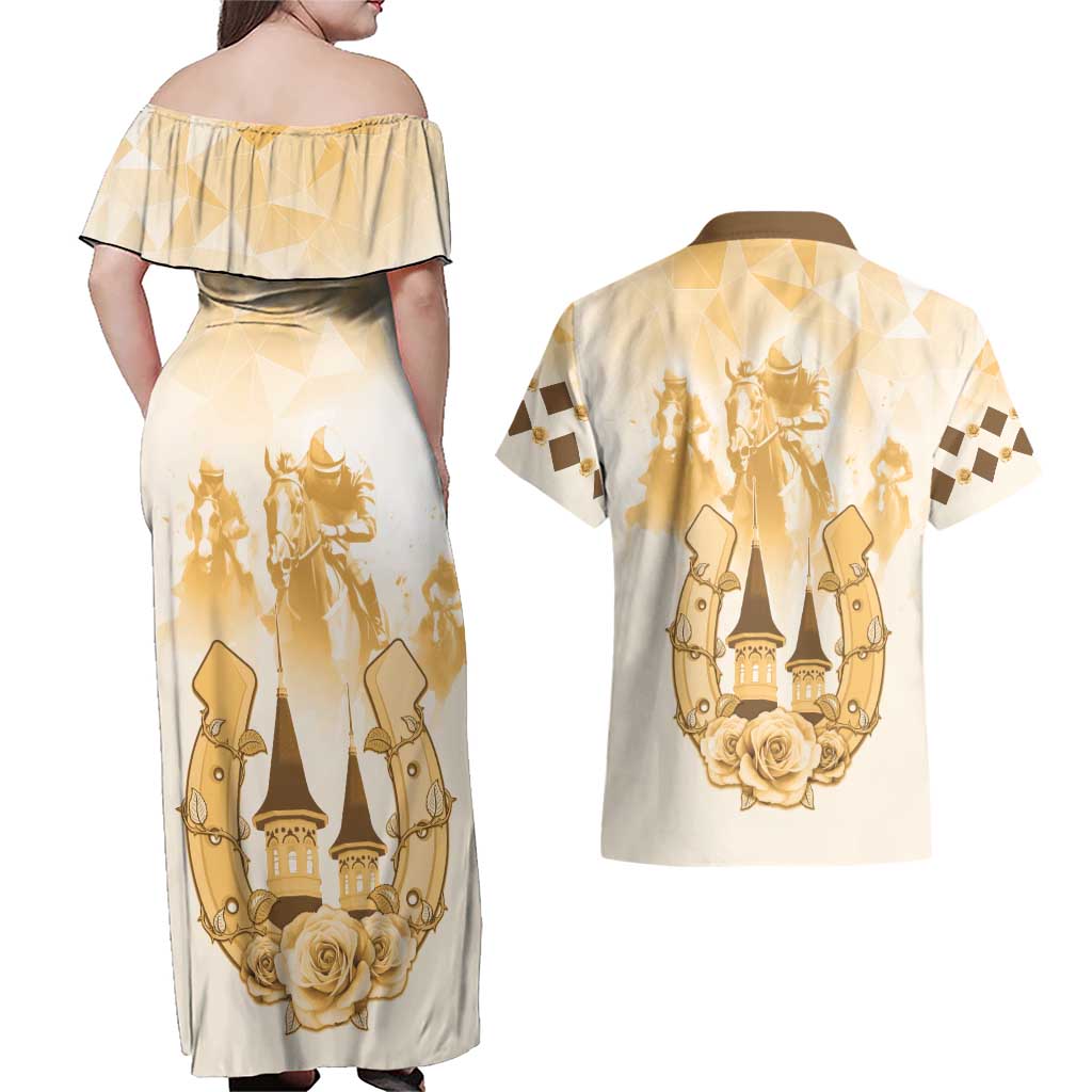 Kentucky Horse Racing Couples Matching Off Shoulder Maxi Dress and Hawaiian Shirt 151st Anniversary Beige Version LT05