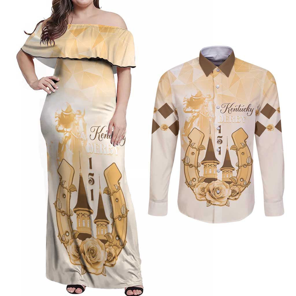 Kentucky Horse Racing Couples Matching Off Shoulder Maxi Dress and Long Sleeve Button Shirt 151st Anniversary Beige Version LT05