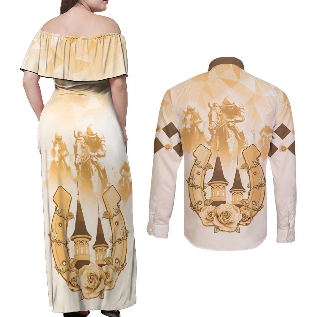 Kentucky Horse Racing Couples Matching Off Shoulder Maxi Dress and Long Sleeve Button Shirt 151st Anniversary Beige Version LT05