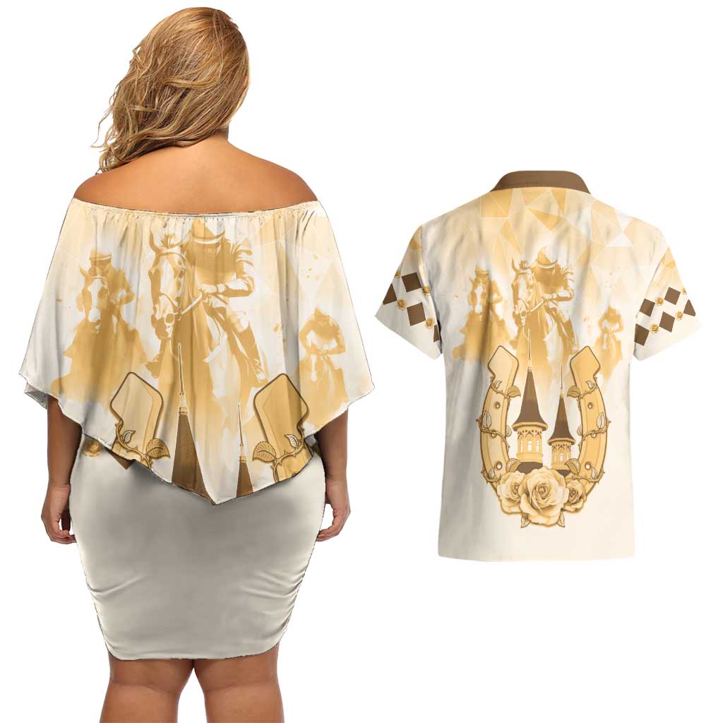 Kentucky Horse Racing Couples Matching Off Shoulder Short Dress and Hawaiian Shirt 151st Anniversary Beige Version LT05