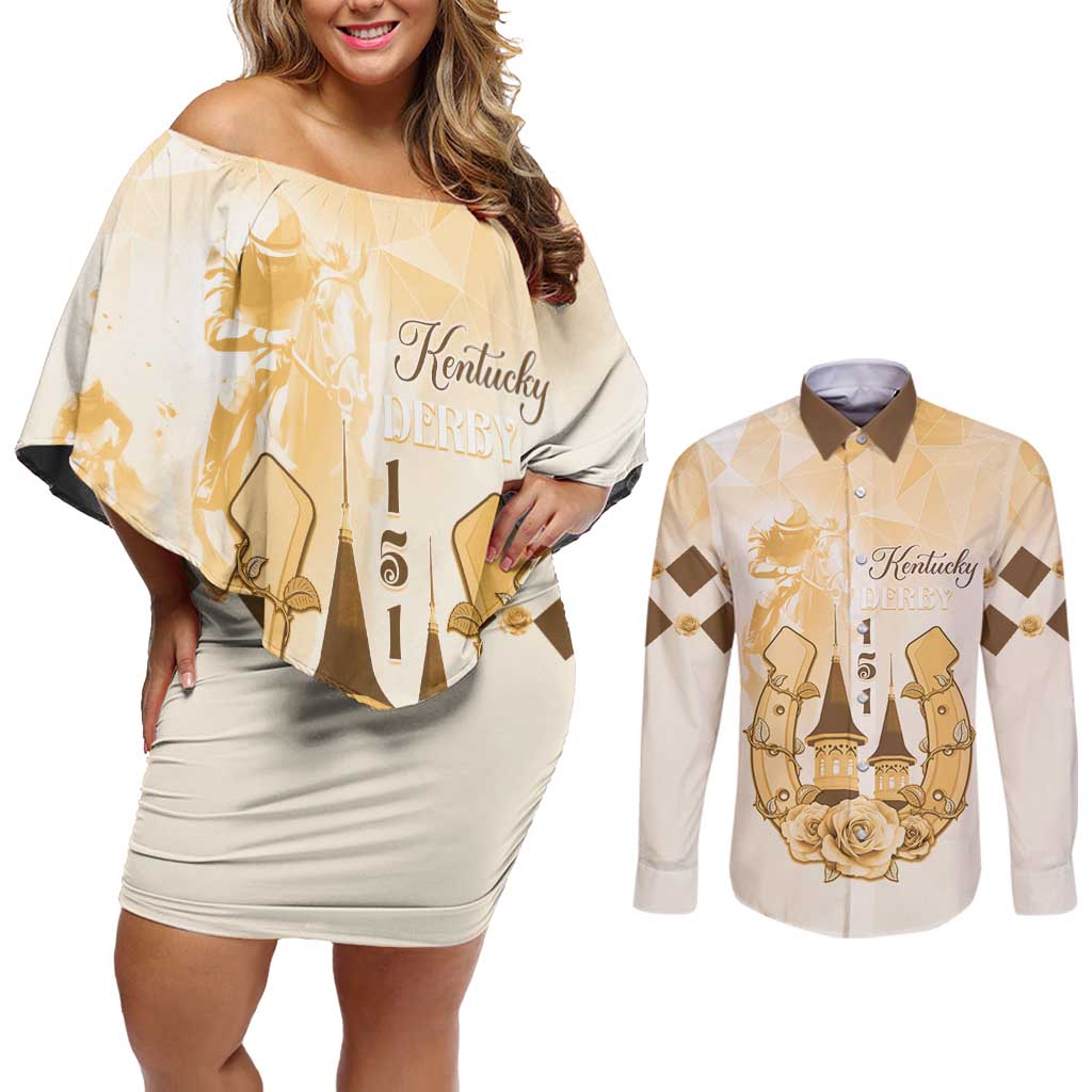 Kentucky Horse Racing Couples Matching Off Shoulder Short Dress and Long Sleeve Button Shirt 151st Anniversary Beige Version LT05