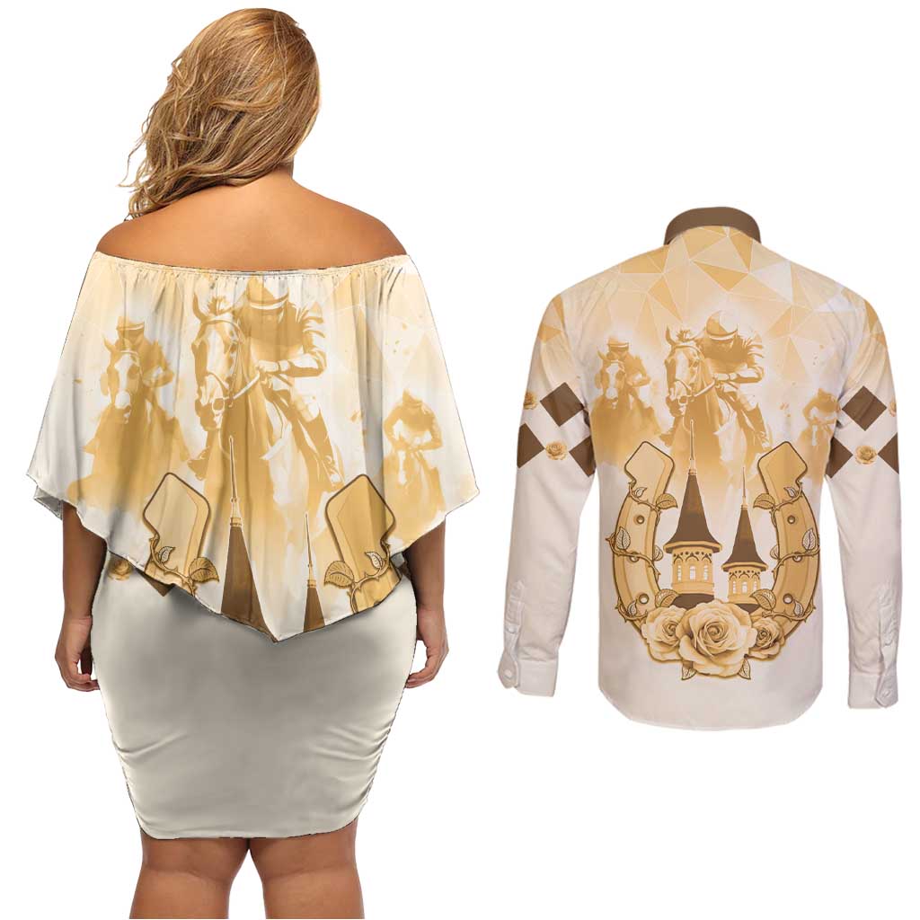 Kentucky Horse Racing Couples Matching Off Shoulder Short Dress and Long Sleeve Button Shirt 151st Anniversary Beige Version LT05