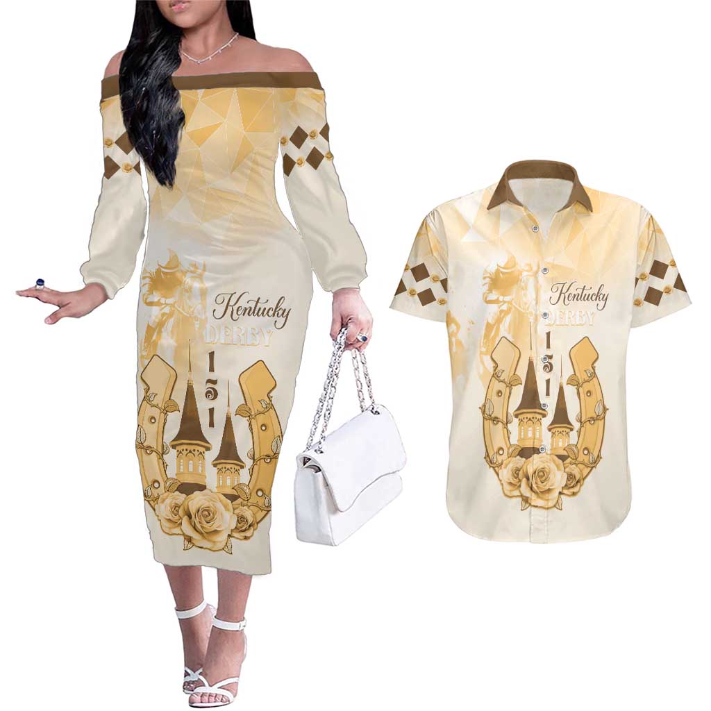 Kentucky Horse Racing Couples Matching Off The Shoulder Long Sleeve Dress and Hawaiian Shirt 151st Anniversary Beige Version LT05