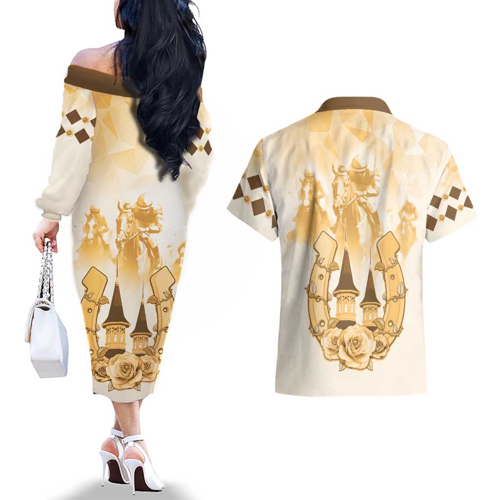 Kentucky Horse Racing Couples Matching Off The Shoulder Long Sleeve Dress and Hawaiian Shirt 151st Anniversary Beige Version LT05