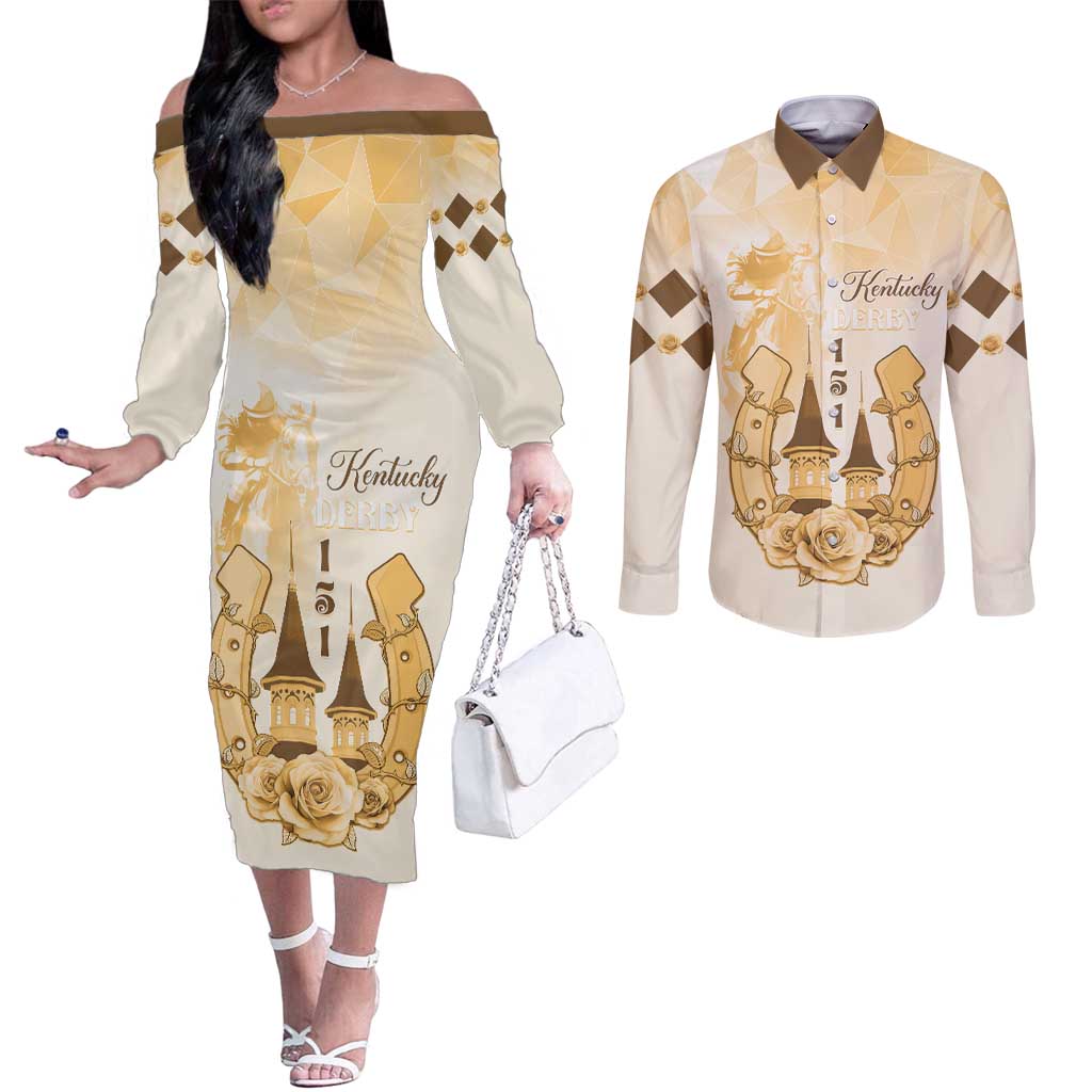 Kentucky Horse Racing Couples Matching Off The Shoulder Long Sleeve Dress and Long Sleeve Button Shirt 151st Anniversary Beige Version LT05