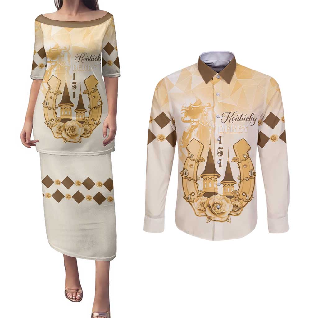 Kentucky Horse Racing Couples Matching Puletasi and Long Sleeve Button Shirt 151st Anniversary Beige Version LT05