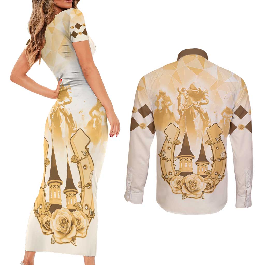 Kentucky Horse Racing Couples Matching Short Sleeve Bodycon Dress and Long Sleeve Button Shirt 151st Anniversary Beige Version LT05
