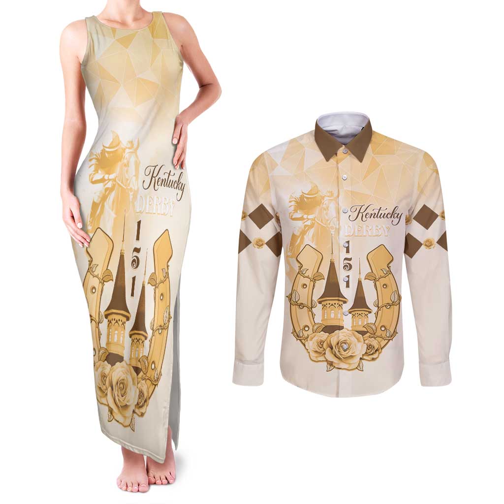 Kentucky Horse Racing Couples Matching Tank Maxi Dress and Long Sleeve Button Shirt 151st Anniversary Beige Version LT05