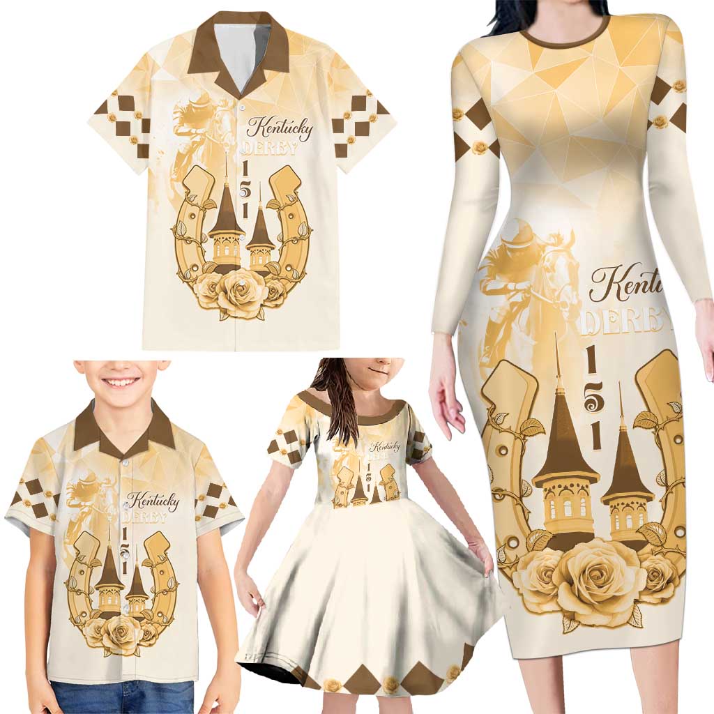 Kentucky Horse Racing Family Matching Long Sleeve Bodycon Dress and Hawaiian Shirt 151st Anniversary Beige Version LT05