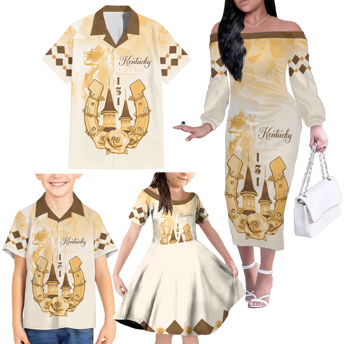 Kentucky Horse Racing Family Matching Off The Shoulder Long Sleeve Dress and Hawaiian Shirt 151st Anniversary Beige Version LT05