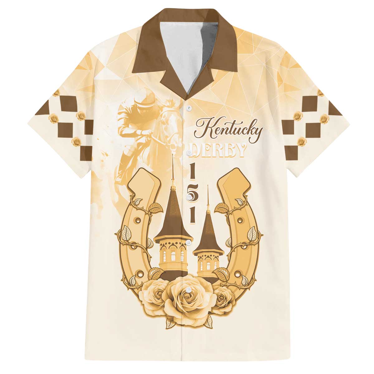 Kentucky Horse Racing Family Matching Off The Shoulder Long Sleeve Dress and Hawaiian Shirt 151st Anniversary Beige Version LT05