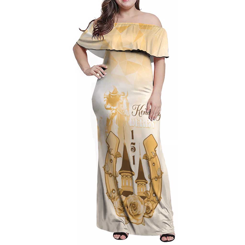 Kentucky Horse Racing Family Matching Off Shoulder Maxi Dress and Hawaiian Shirt 151st Anniversary Beige Version LT05