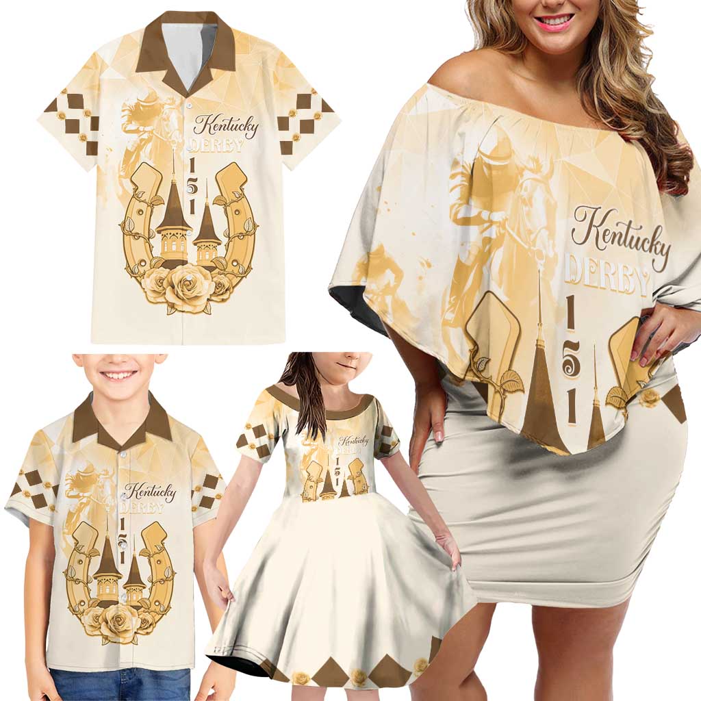 Kentucky Horse Racing Family Matching Off Shoulder Short Dress and Hawaiian Shirt 151st Anniversary Beige Version LT05