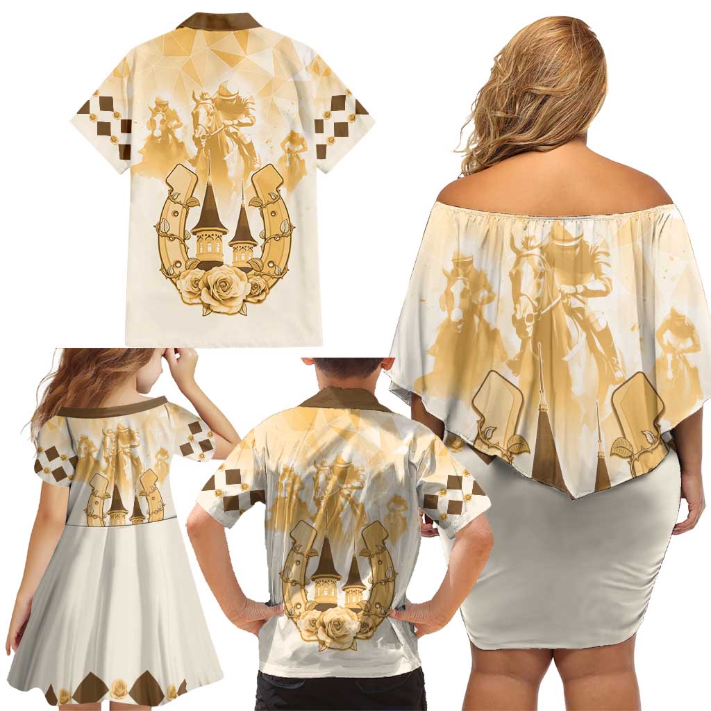 Kentucky Horse Racing Family Matching Off Shoulder Short Dress and Hawaiian Shirt 151st Anniversary Beige Version LT05