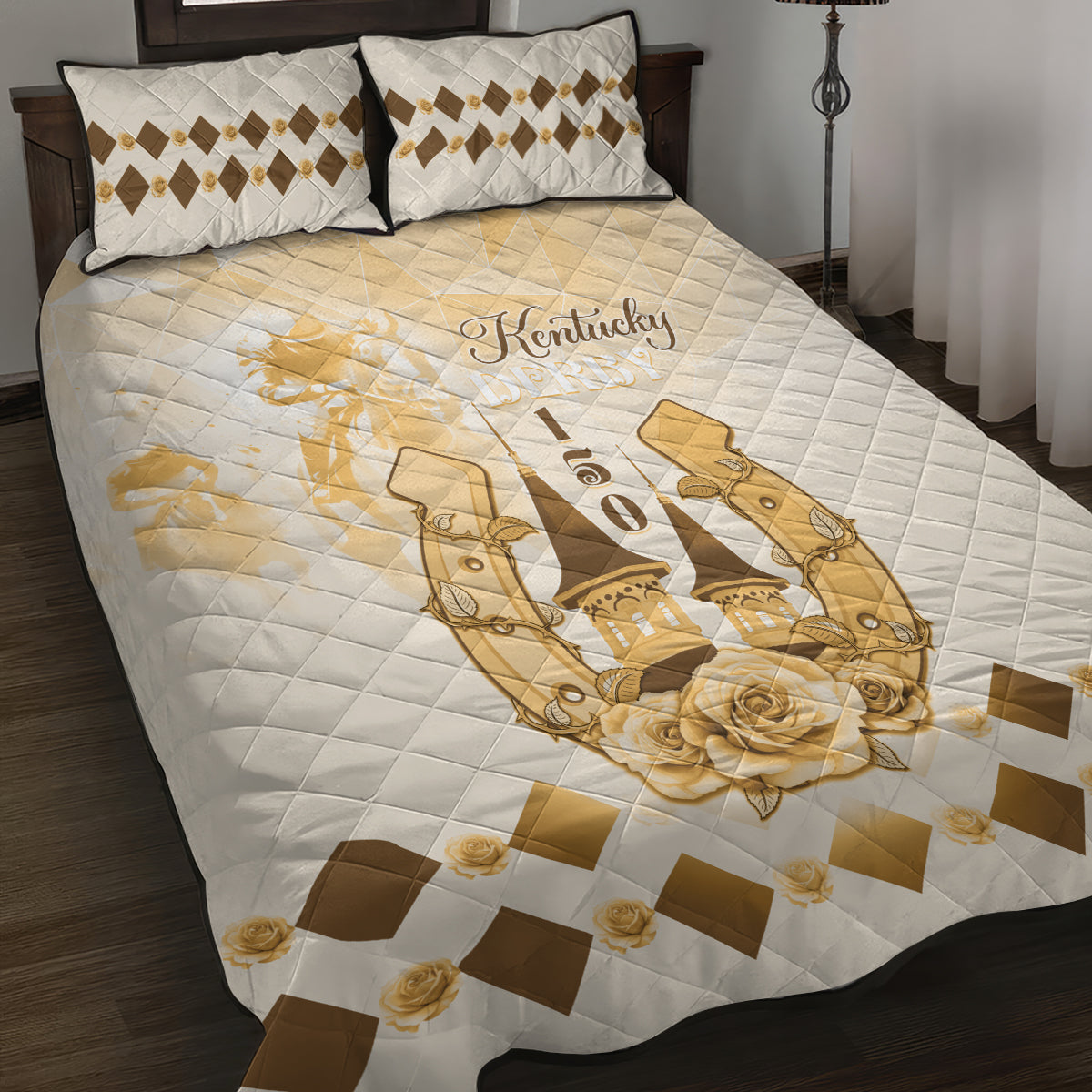 Kentucky Horse Racing Quilt Bed Set 150th Anniversary Beige Version