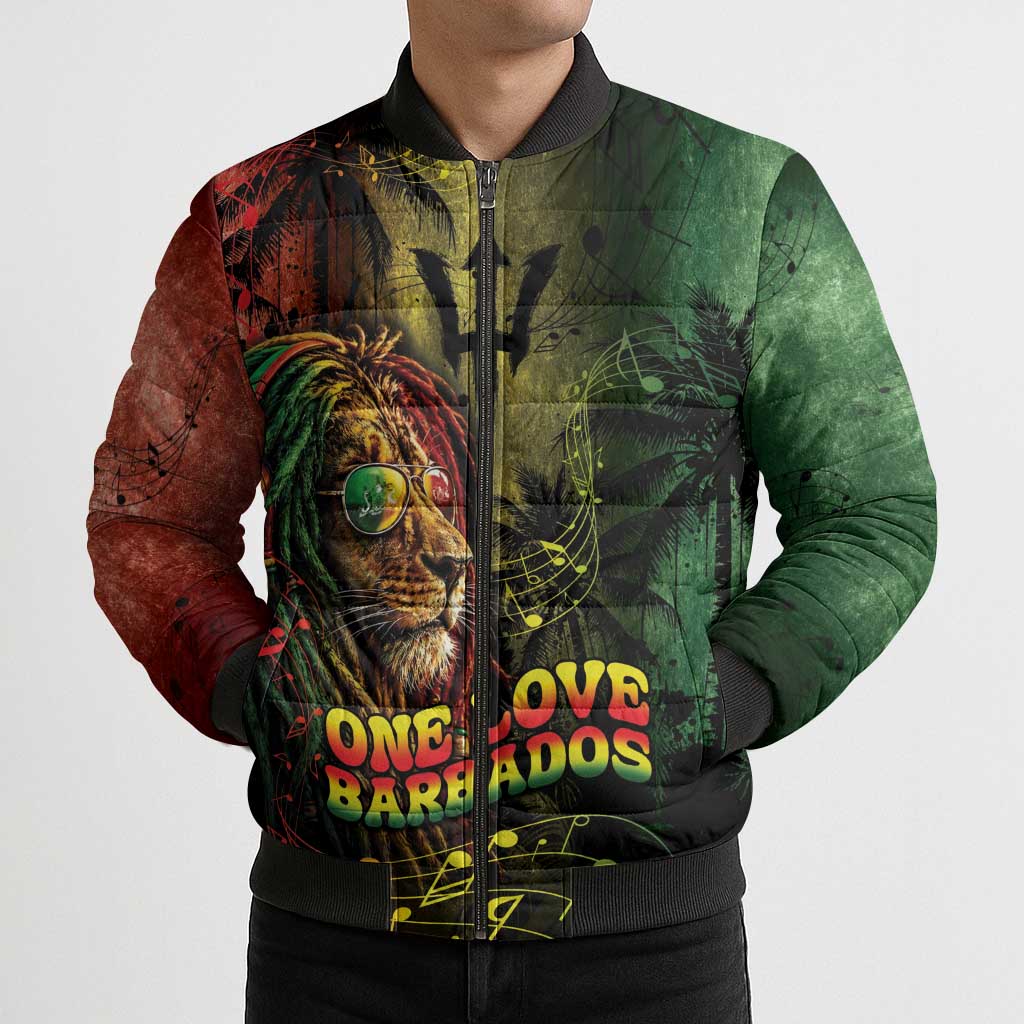 One Love Barbados Bomber Puffer Jacket Rastafarian Lion Reggae Grunge Style