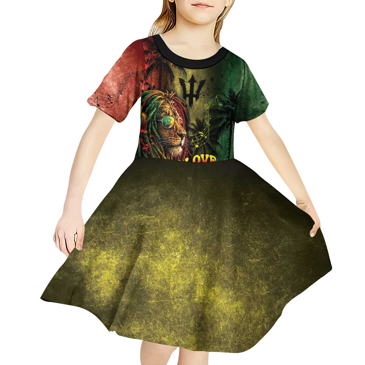 One Love Barbados Kid Short Sleeve Dress Rastafarian Lion Reggae Grunge Style