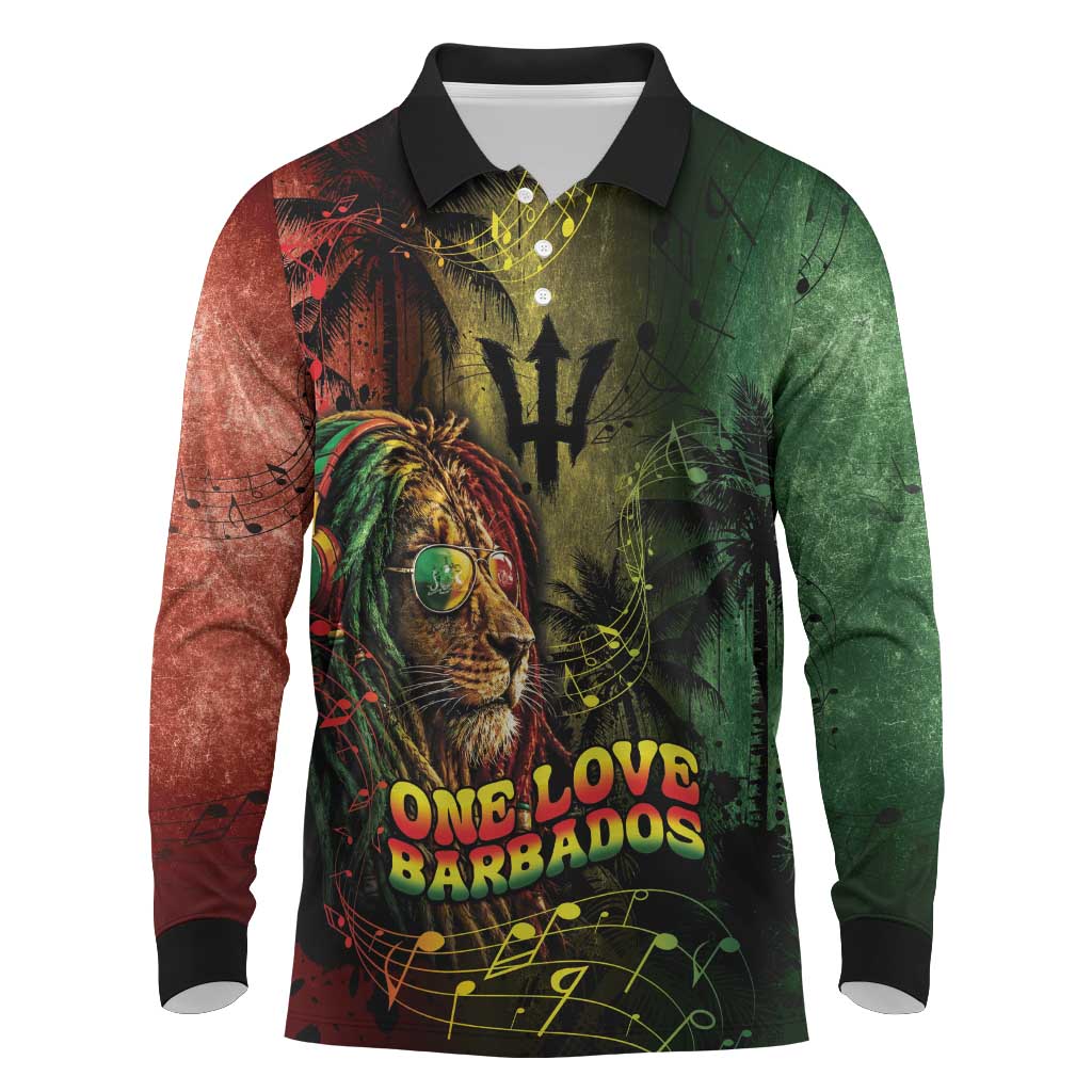 One Love Barbados Long Sleeve Polo Shirt Rastafarian Lion Reggae Grunge Style