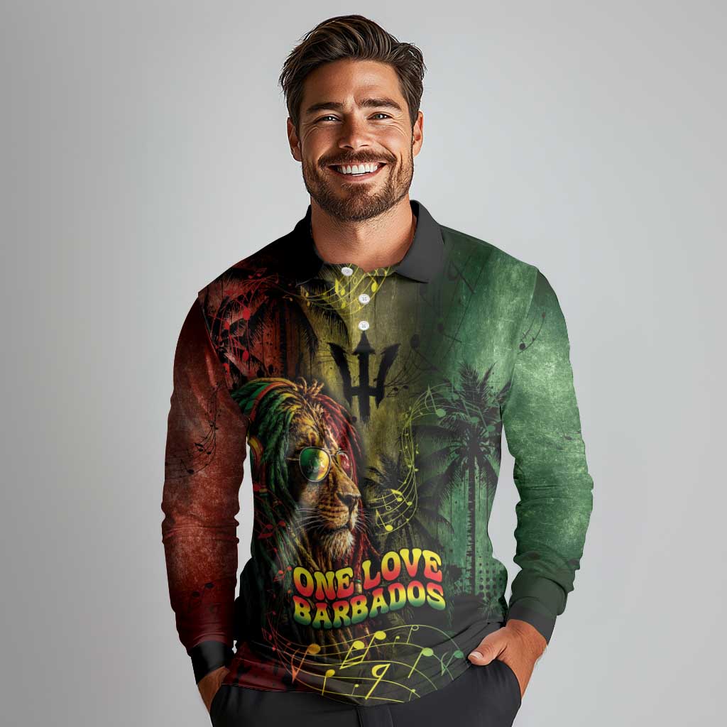 One Love Barbados Long Sleeve Polo Shirt Rastafarian Lion Reggae Grunge Style