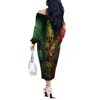 One Love Barbados Off The Shoulder Long Sleeve Dress Rastafarian Lion Reggae Grunge Style