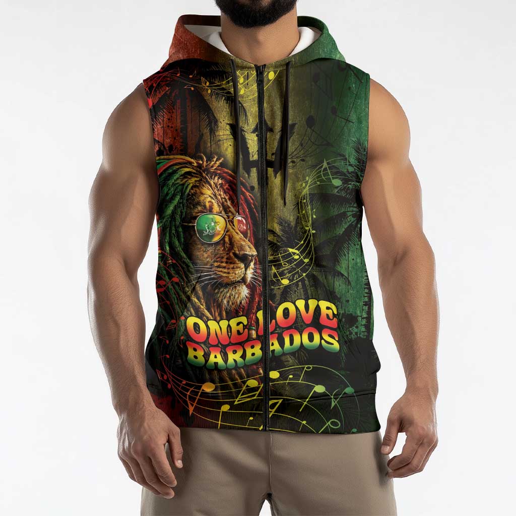 One Love Barbados Sleeveless Zip Hoodie Rastafarian Lion Reggae Grunge Style