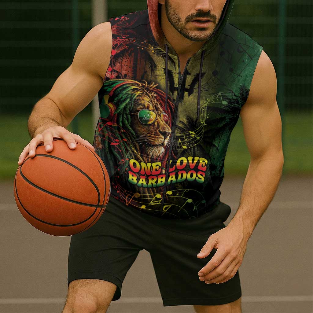 One Love Barbados Sleeveless Zip Hoodie Rastafarian Lion Reggae Grunge Style