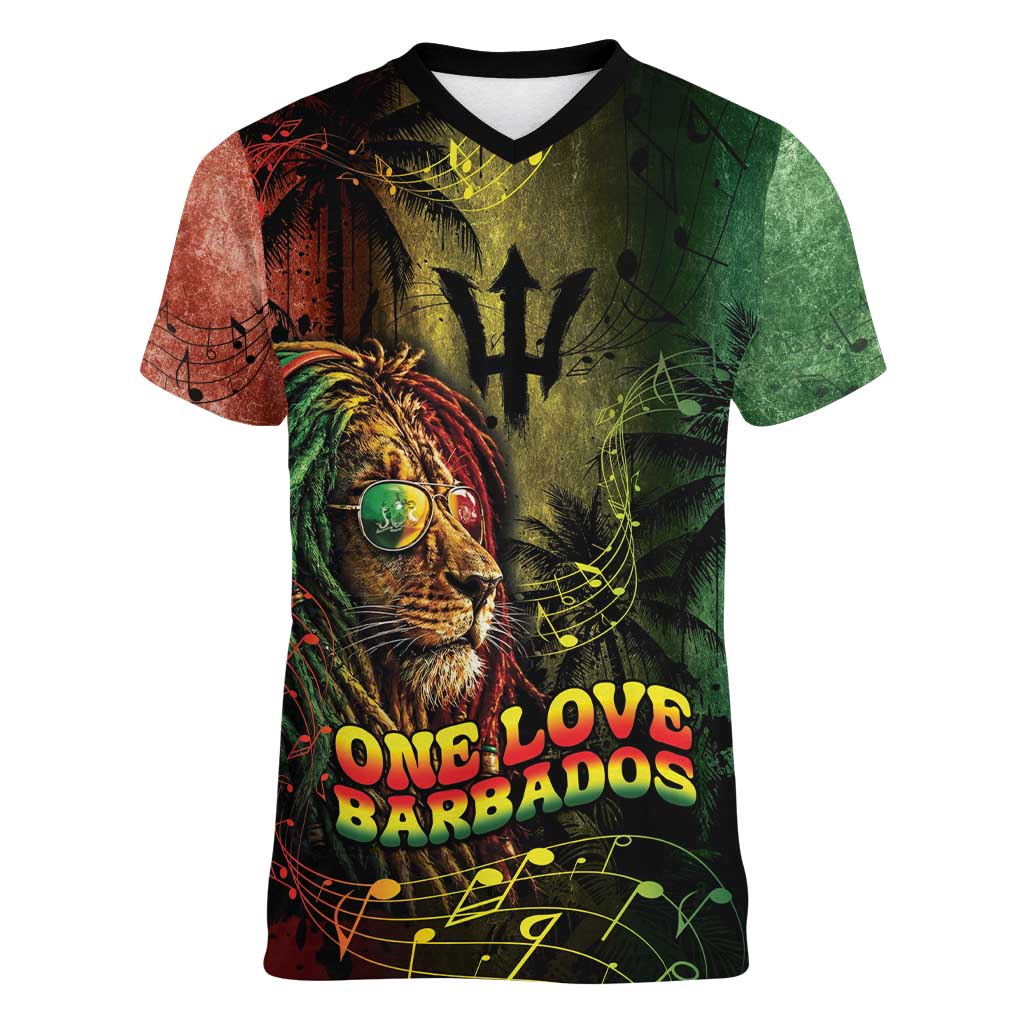 One Love Barbados Women V-Neck T-Shirt Rastafarian Lion Reggae Grunge Style