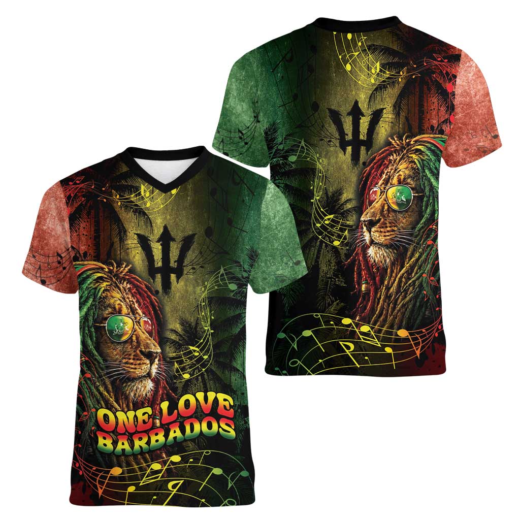 One Love Barbados Women V-Neck T-Shirt Rastafarian Lion Reggae Grunge Style