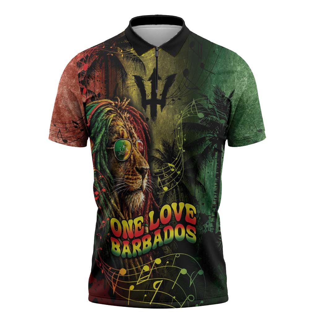 One Love Barbados Zipper Polo Shirt Rastafarian Lion Reggae Grunge Style