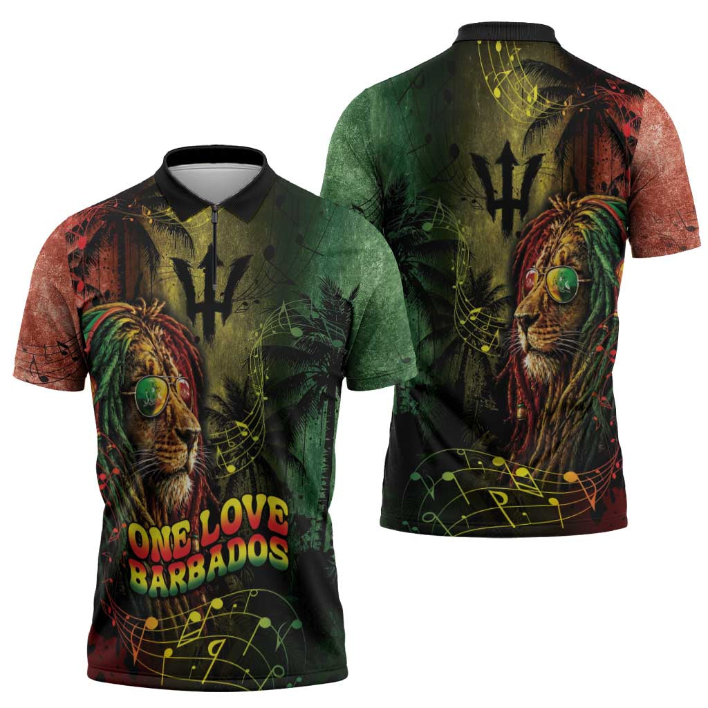 One Love Barbados Zipper Polo Shirt Rastafarian Lion Reggae Grunge Style