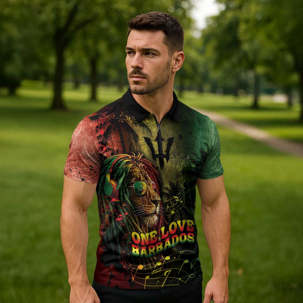 One Love Barbados Zipper Polo Shirt Rastafarian Lion Reggae Grunge Style