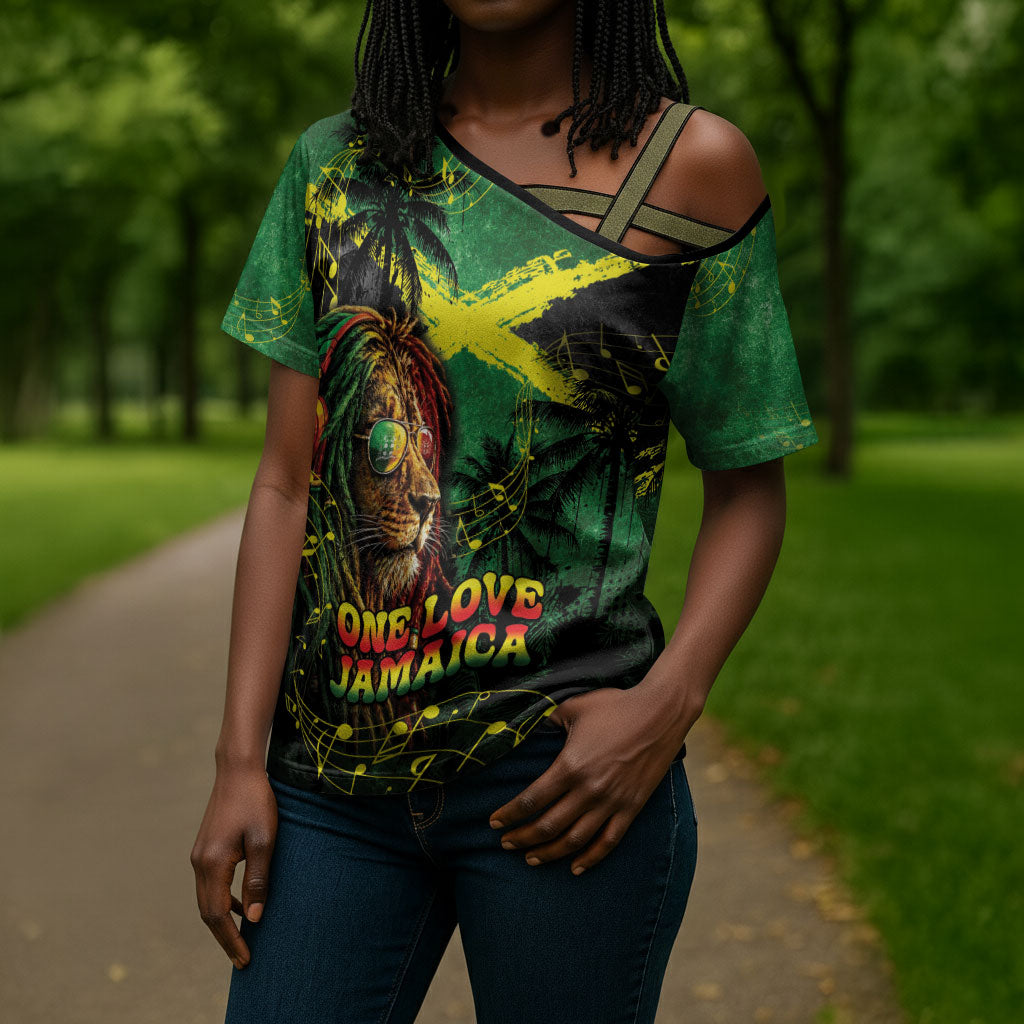 One Love Jamaica Cross Shoulder Shirt Rastafarian Lion Reggae Grunge Style