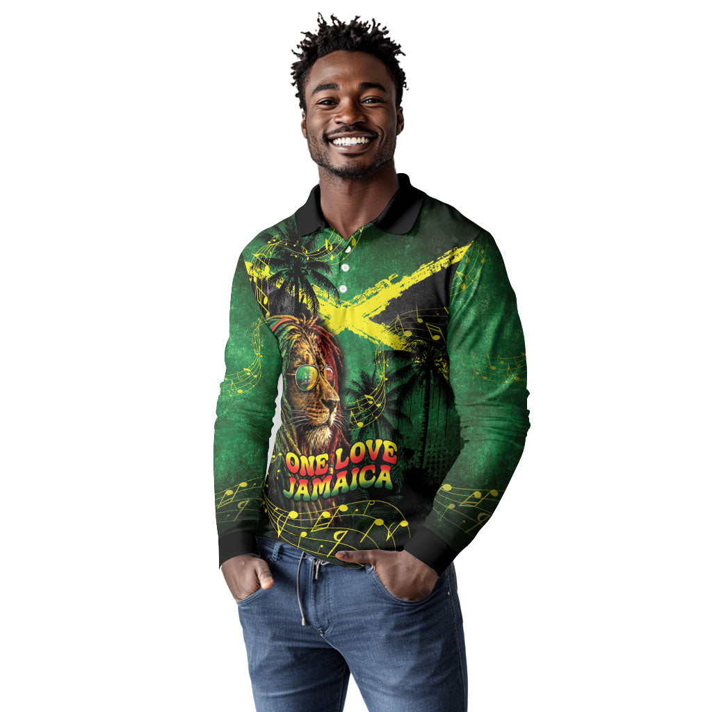 One Love Jamaica Long Sleeve Polo Shirt Rastafarian Lion Reggae Grunge Style