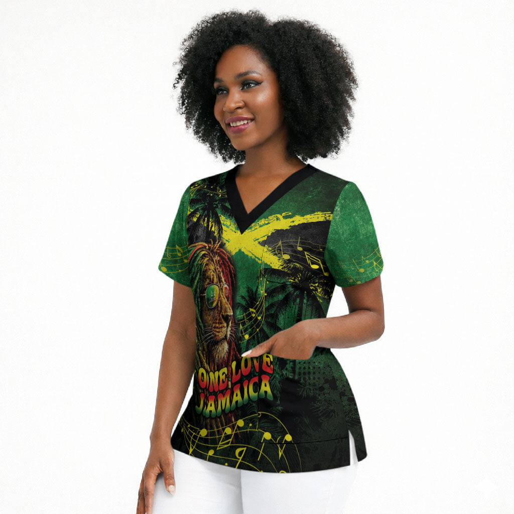 One Love Jamaica Scrub Top Rastafarian Lion Reggae Grunge Style