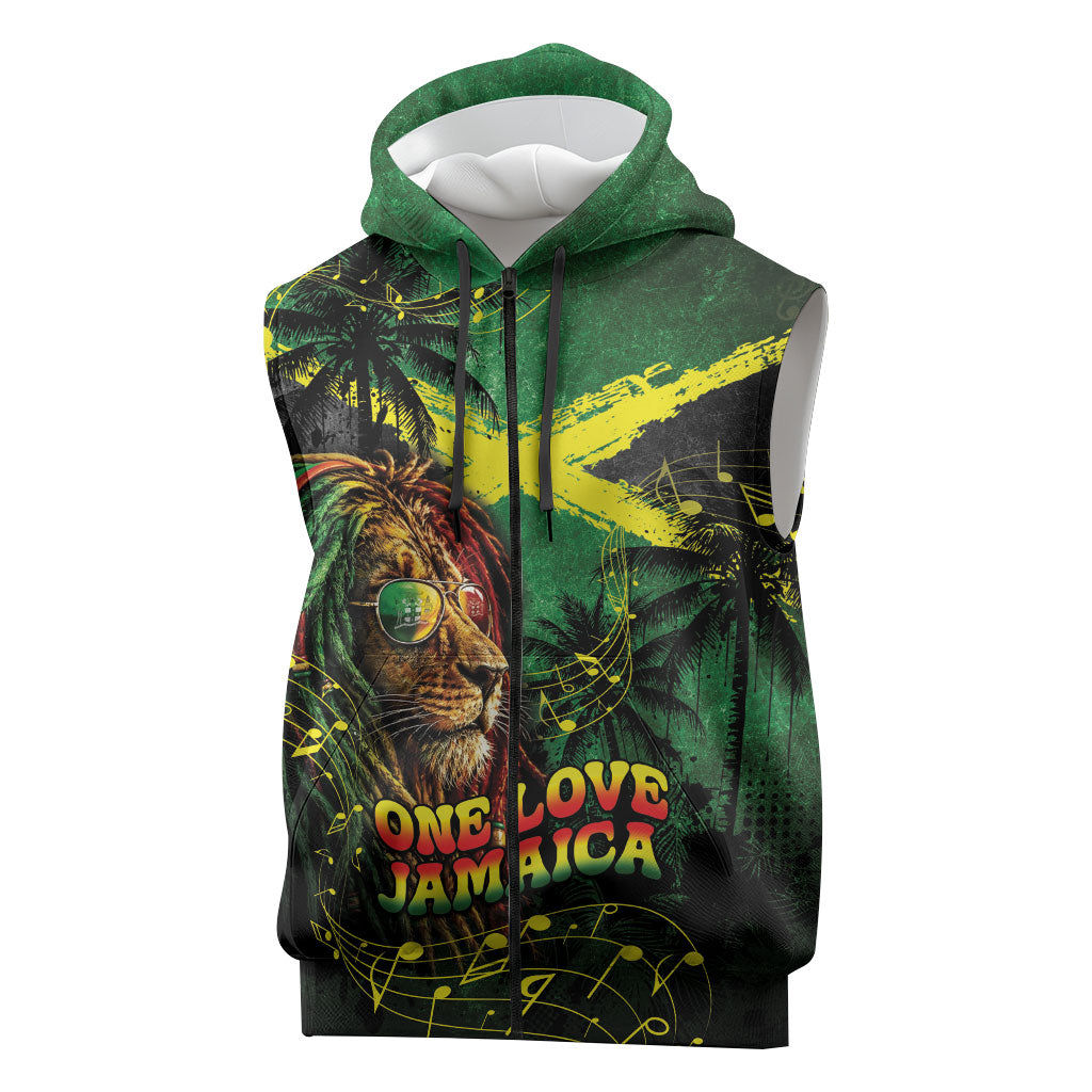 One Love Jamaica Sleeveless Zip Hoodie Rastafarian Lion Reggae Grunge Style