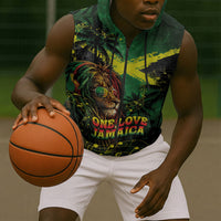 One Love Jamaica Sleeveless Zip Hoodie Rastafarian Lion Reggae Grunge Style