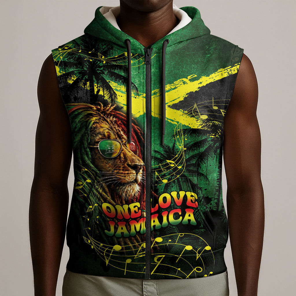 One Love Jamaica Sleeveless Zip Hoodie Rastafarian Lion Reggae Grunge Style