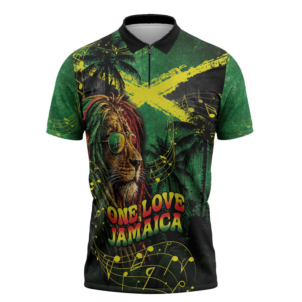 One Love Jamaica Zipper Polo Shirt Rastafarian Lion Reggae Grunge Style